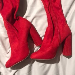 Red block heel thigh high boots